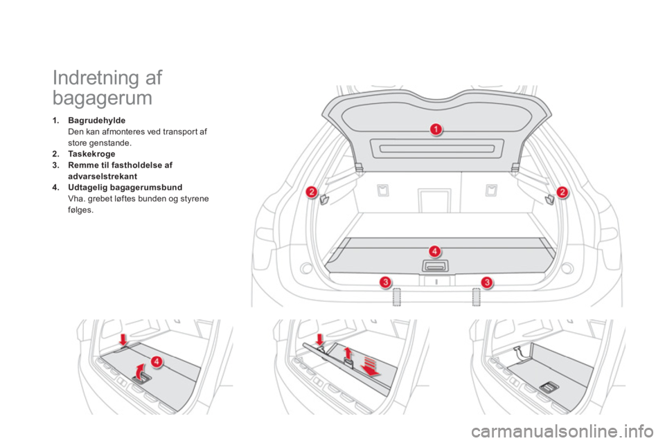 CITROEN DS5 HYBRID 2013  InstruktionsbØger (in Danish)    
 
 
 
 
 
 
 
 
 
 
 
 
Indretning af 
bagagerum 
1.BagrudehyldeDen kan afmonteres ved transport afstore genstande.2.Taskekroge3.Remme til fastholdelse af advarselstrekant4.Udtagelig bagagerumsbun