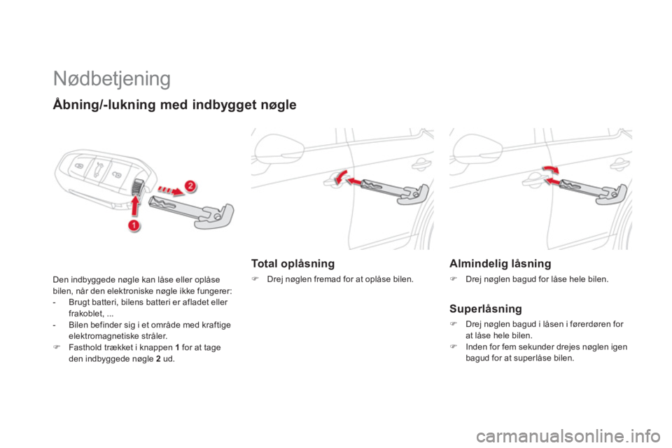 CITROEN DS5 HYBRID 2013  InstruktionsbØger (in Danish)    
 
 
 
 
Nødbetjening 
Åbning/-lukning med indbygget nøgle
Den indbyggede nøgle kan låse eller oplåse
bilen, når den elektroniske nøgle ikke fungerer: 
-   Brugt batteri, bilens batteri er 