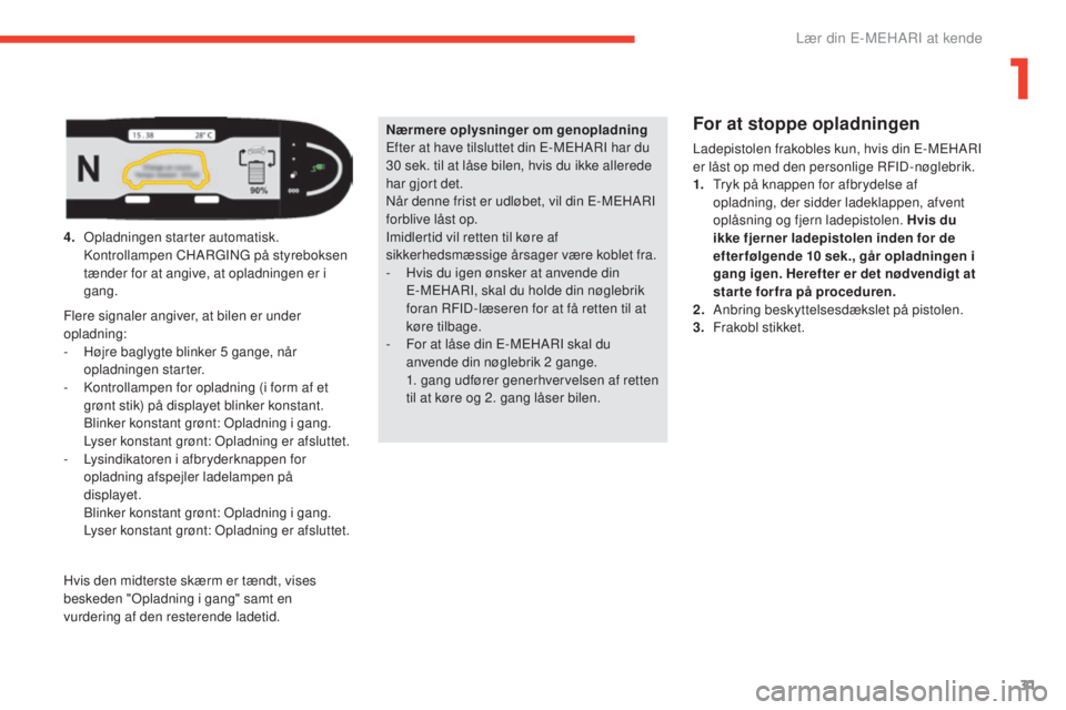 CITROEN E-MEHARI 2017  InstruktionsbØger (in Danish) 31
e-mehari_da_Chap01_faite-connaissance_ed03-2016
Nærmere oplysninger om genopladning
Efter at have tilsluttet din E-MEHARI har du 
30  sek. til at låse bilen, hvis du ikke allerede 
har gjort det.