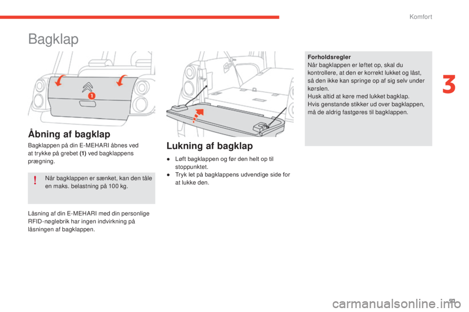 CITROEN E-MEHARI 2017 InstruktionsbØger (in Danish) 51
e-mehari_da_Chap03_confort_ed03-2016
Bagklap
Når bagklappen er sænket, kan den tåle
en maks. belastning på 100 kg. Forholdsregler
Når bagklappen er løftet op, skal du
kontrollere, at den e CITROEN E-MEHARI 2017 InstruktionsbØger (in Danish) 51
e-mehari_da_Chap03_confort_ed03-2016
Bagklap
Når bagklappen er sænket, kan den tåle
en maks. belastning på 100 kg. Forholdsregler
Når bagklappen er løftet op, skal du
kontrollere, at den e