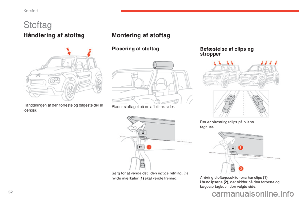 CITROEN E-MEHARI 2017 InstruktionsbØger (in Danish) 52
e-mehari_da_Chap03_confort_ed03-2016
Stoftag
Håndtering af stoftag
Håndteringen af den forreste og bageste del er
identisk
Montering af stoftag
Placering af stoftag
Placer stoftaget på en af bi CITROEN E-MEHARI 2017 InstruktionsbØger (in Danish) 52
e-mehari_da_Chap03_confort_ed03-2016
Stoftag
Håndtering af stoftag
Håndteringen af den forreste og bageste del er
identisk
Montering af stoftag
Placering af stoftag
Placer stoftaget på en af bi