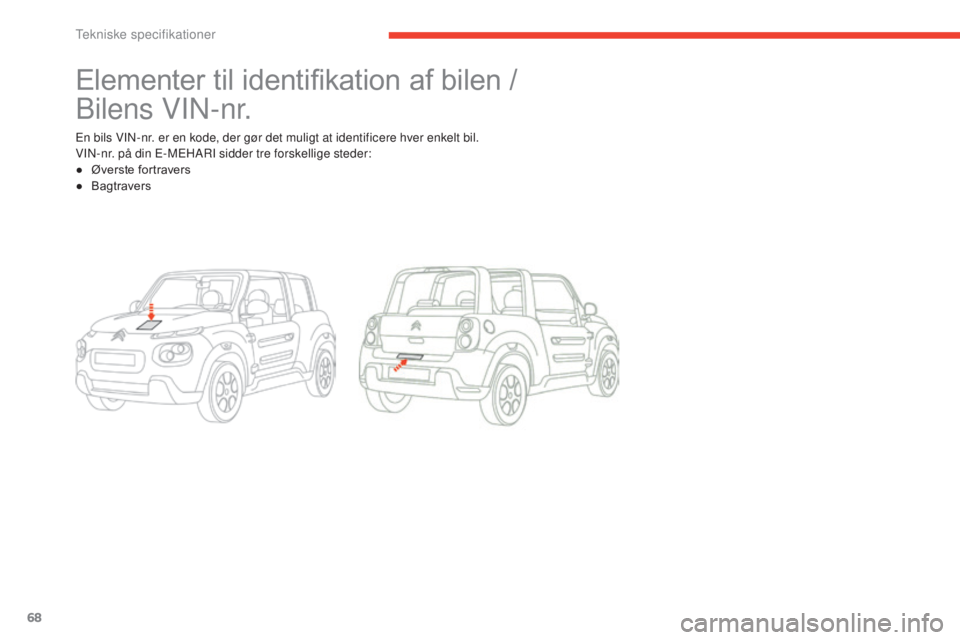 CITROEN E-MEHARI 2017  InstruktionsbØger (in Danish) Tekniske specifikationer
68
e-mehari_da_Chap06_caracteristiques-techniques_ed03-2016
Elementer til identifikation af bilen /  
Bilens VIN-nr.
En bils VIN-nr. er en kode, der gør det muligt at identif