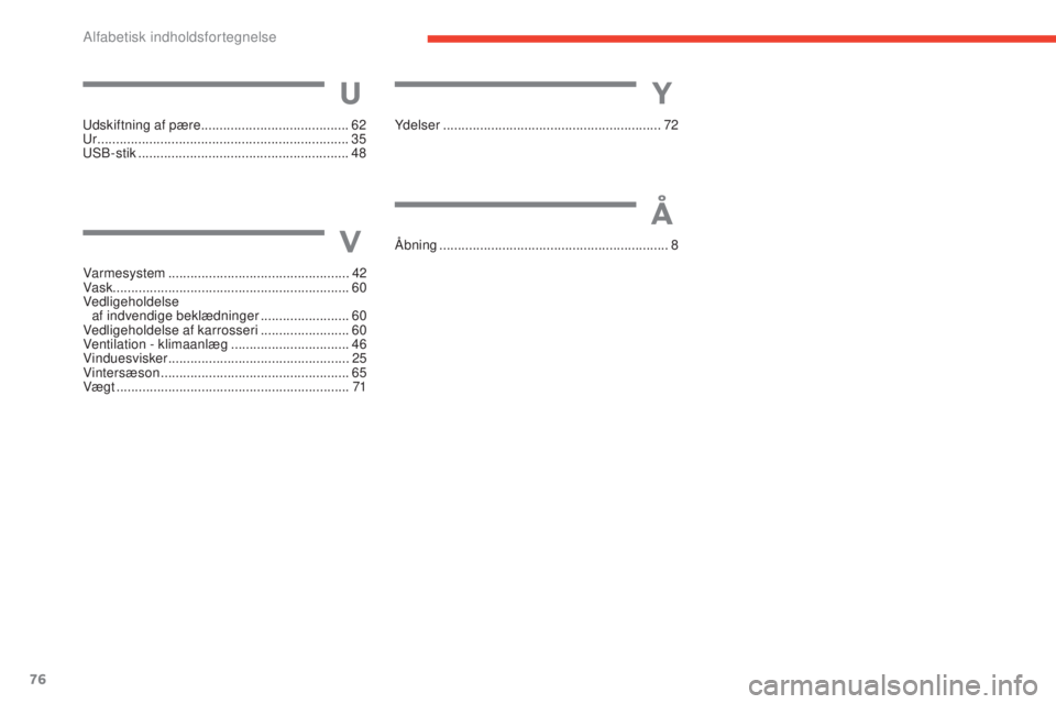 CITROEN E-MEHARI 2017  InstruktionsbØger (in Danish) 76
e-mehari_da_Chap07_index-alpha_ed03-2016
Var mesystem ................................................. 42
Vask ............................... .................................60
Vedligeholdelse  
