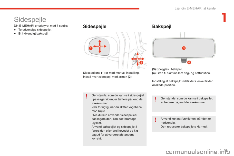CITROEN E-MEHARI 2016 InstruktionsbØger (in Danish) 19
e-mehari_da_Chap01_faite-connaissance_ed02-2016
Sidespejle
Din E-MEHARI er udstyret med 3 spejle:
● To u dvendige sidespejle.
●
Et
indvendigt bakspejl.Sidespejle
Sidespejlene (1) er med man CITROEN E-MEHARI 2016 InstruktionsbØger (in Danish) 19
e-mehari_da_Chap01_faite-connaissance_ed02-2016
Sidespejle
Din E-MEHARI er udstyret med 3 spejle:
● To u dvendige sidespejle.
●
Et
indvendigt bakspejl.Sidespejle
Sidespejlene (1) er med man