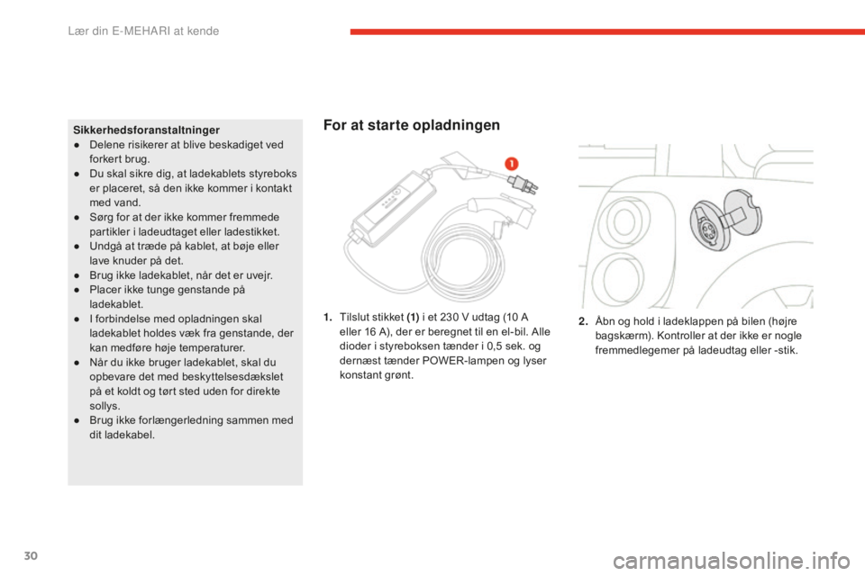 CITROEN E-MEHARI 2016  InstruktionsbØger (in Danish) 30
e-mehari_da_Chap01_faite-connaissance_ed02-2016
Sikkerhedsforanstaltninger
● Delene risikerer at blive beskadiget ved 
forkert brug.
●
 Du s

kal sikre dig, at ladekablets styreboks 
er placere