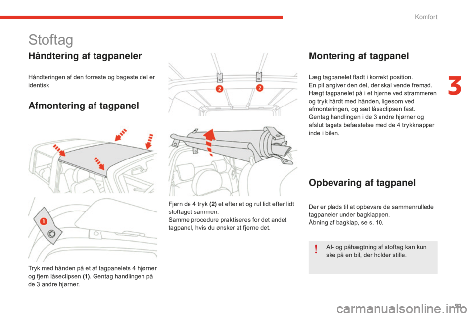 CITROEN E-MEHARI 2016 InstruktionsbØger (in Danish) 51
e-mehari_da_Chap03_confort_ed02-2016
Stoftag
Håndtering af tagpaneler
Håndteringen af den forreste og bageste del er
identisk
Afmontering af tagpanel
Tryk med hånden på et af tagpanelets 4 hj CITROEN E-MEHARI 2016 InstruktionsbØger (in Danish) 51
e-mehari_da_Chap03_confort_ed02-2016
Stoftag
Håndtering af tagpaneler
Håndteringen af den forreste og bageste del er
identisk
Afmontering af tagpanel
Tryk med hånden på et af tagpanelets 4 hj