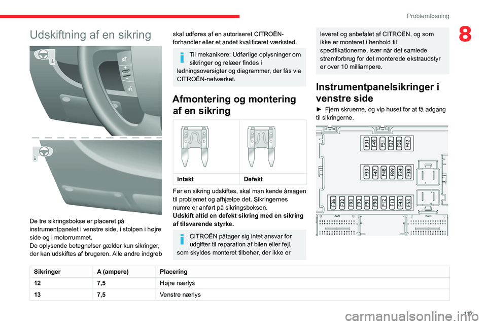 CITROEN JUMPER 2020  InstruktionsbØger (in Danish) 11 7
Problemløsning
8Udskiftning af en sikring 
 
De tre sikringsbokse er placeret på 
instrumentpanelet i venstre side, i stolpen i højre 
side og i motorrummet.
De oplysende betegnelser gælder k