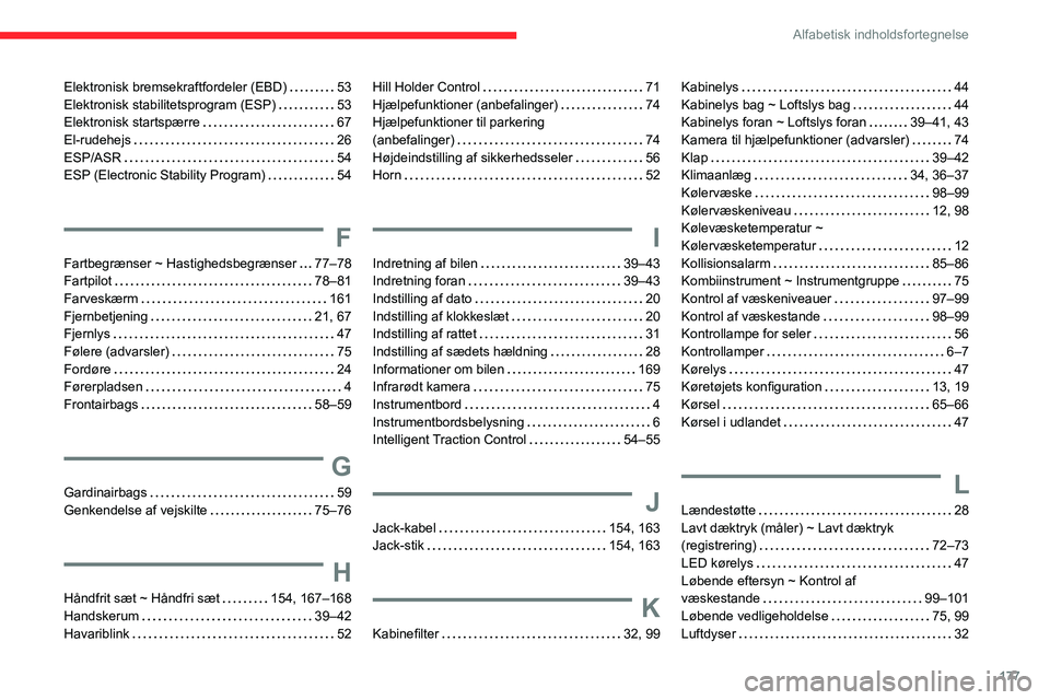CITROEN JUMPER 2020 InstruktionsbØger (in Danish) 177
Alfabetisk indholdsfortegnelse
Elektronisk bremsekraftfordeler (EBD) 53
Elektronisk stabilitetsprogram (ESP) 53
Elektronisk startspærre 67
El-rudehejs 26
ESP/ASR 54
ESP (Electronic CITROEN JUMPER 2020 InstruktionsbØger (in Danish) 177
Alfabetisk indholdsfortegnelse
Elektronisk bremsekraftfordeler (EBD) 53
Elektronisk stabilitetsprogram (ESP) 53
Elektronisk startspærre 67
El-rudehejs 26
ESP/ASR 54
ESP (Electronic