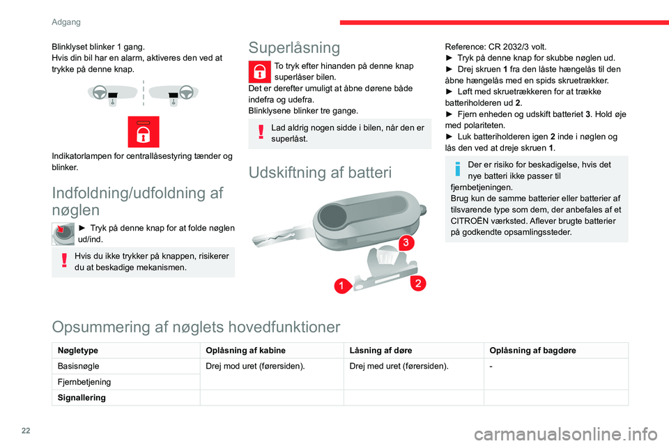CITROEN JUMPER 2020 InstruktionsbØger (in Danish) 22
Adgang
Af- og oplåsning indefra
Kabine og lastrum
► Tryk på denne knap for at låse/oplåse
kabinedørene og lastrumdøre.
Dørene kan stadig åbnes indefra.
Hvis en af dørene er åbe CITROEN JUMPER 2020 InstruktionsbØger (in Danish) 22
Adgang
Af- og oplåsning indefra
Kabine og lastrum
► Tryk på denne knap for at låse/oplåse
kabinedørene og lastrumdøre.
Dørene kan stadig åbnes indefra.
Hvis en af dørene er åbe