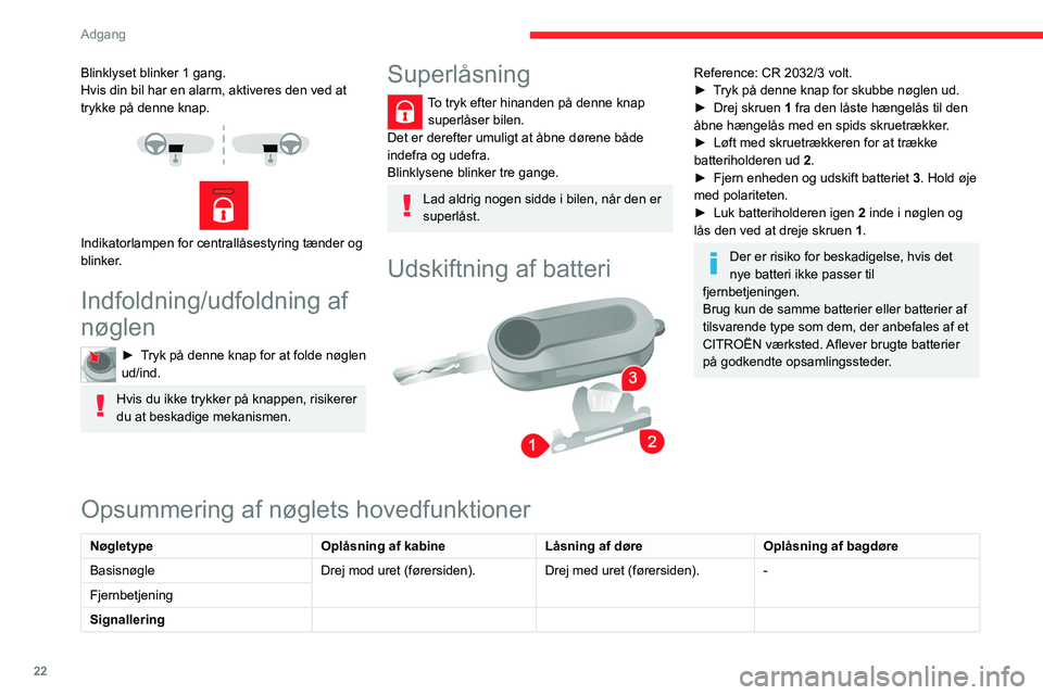 CITROEN JUMPER 2020  InstruktionsbØger (in Danish) 22
Adgang
Af- og oplåsning indefra
Kabine og lastrum 
 
 
 
►  Tryk på denne knap for at låse/oplåse 
kabinedørene og lastrumdøre.
Dørene kan stadig åbnes indefra.
Hvis en af dørene er åbe