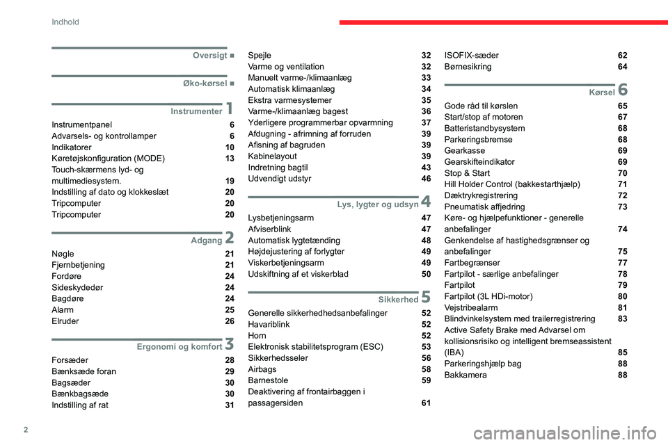 CITROEN JUMPER 2020  InstruktionsbØger (in Danish) 2
Indhold
 
 
 
 
 
   ■
Oversigt
  ■
Øko-kørsel
 1Instrumenter
Instrumentpanel  6
Advarsels- og kontrollamper  6
Indikatorer  10
Køretøjskonfiguration (MODE) 
 13
Touch-skærmens lyd- og 