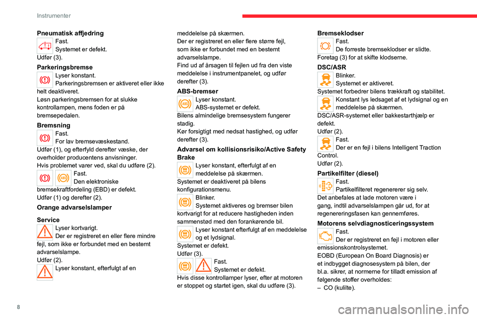 CITROEN JUMPER 2020 InstruktionsbØger (in Danish) 8
Instrumenter
Pneumatisk affjedringFast.
Systemet er defekt.
Udfør (3).
ParkeringsbremseLyser konstant.
Parkeringsbremsen er aktiveret eller ikke
helt deaktiveret.
Løsn parkeringsbremsen for at sl CITROEN JUMPER 2020 InstruktionsbØger (in Danish) 8
Instrumenter
Pneumatisk affjedringFast.
Systemet er defekt.
Udfør (3).
ParkeringsbremseLyser konstant.
Parkeringsbremsen er aktiveret eller ikke
helt deaktiveret.
Løsn parkeringsbremsen for at sl