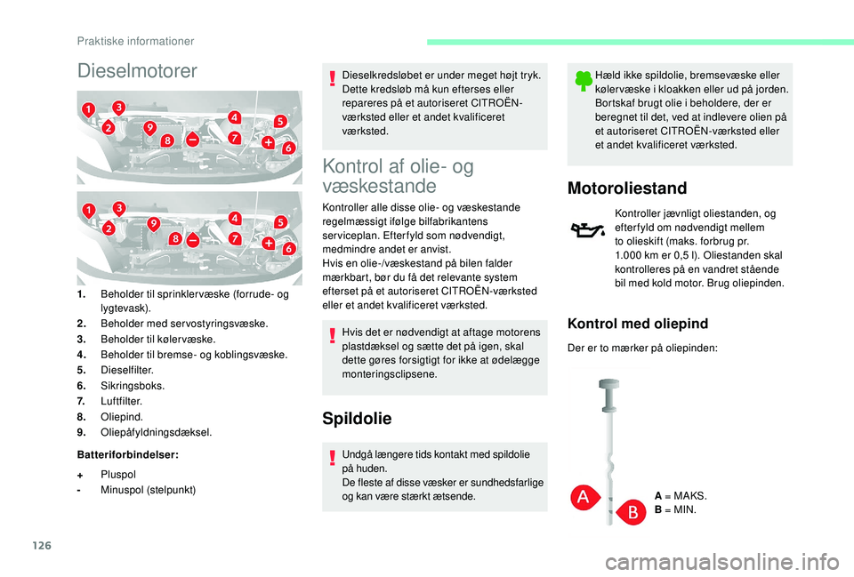 CITROEN JUMPER 2019 InstruktionsbØger (in Danish) 126
Dieselmotorer
1.Beholder til sprinkler væske (forrude- og
lygtevask).
2. Beholder med servostyringsvæske.
3. Beholder til kølervæske.
4. Beholder til bremse- og koblingsvæske.
5. Dieselfilte CITROEN JUMPER 2019 InstruktionsbØger (in Danish) 126
Dieselmotorer
1.Beholder til sprinkler væske (forrude- og
lygtevask).
2. Beholder med servostyringsvæske.
3. Beholder til kølervæske.
4. Beholder til bremse- og koblingsvæske.
5. Dieselfilte