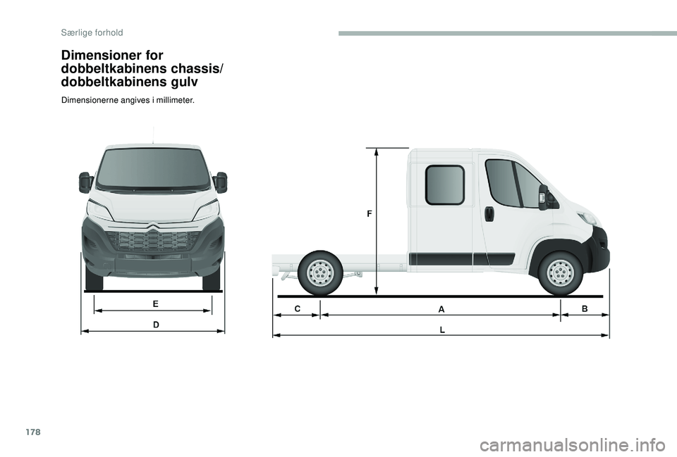 CITROEN JUMPER 2019  InstruktionsbØger (in Danish) 178
Dimensioner for 
dobbeltkabinens chassis/
dobbeltkabinens gulv
Dimensionerne angives i millimeter. 
Særlige forhold  