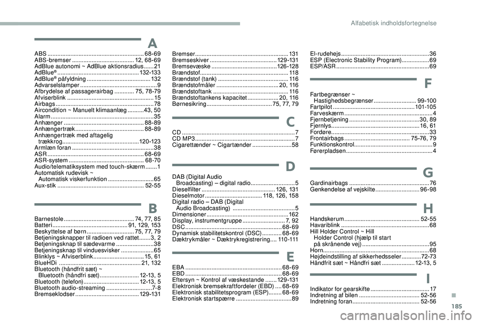 CITROEN JUMPER 2019 InstruktionsbØger (in Danish) 185
ABS ...........................................................68-69
ABS-bremser ...................................... 12, 68 - 69
AdBlue autonomi ~ AdBlue aktionsradius
...... 21
Ad
Blue
® . CITROEN JUMPER 2019 InstruktionsbØger (in Danish) 185
ABS ...........................................................68-69
ABS-bremser ...................................... 12, 68 - 69
AdBlue autonomi ~ AdBlue aktionsradius
...... 21
Ad
Blue
® .