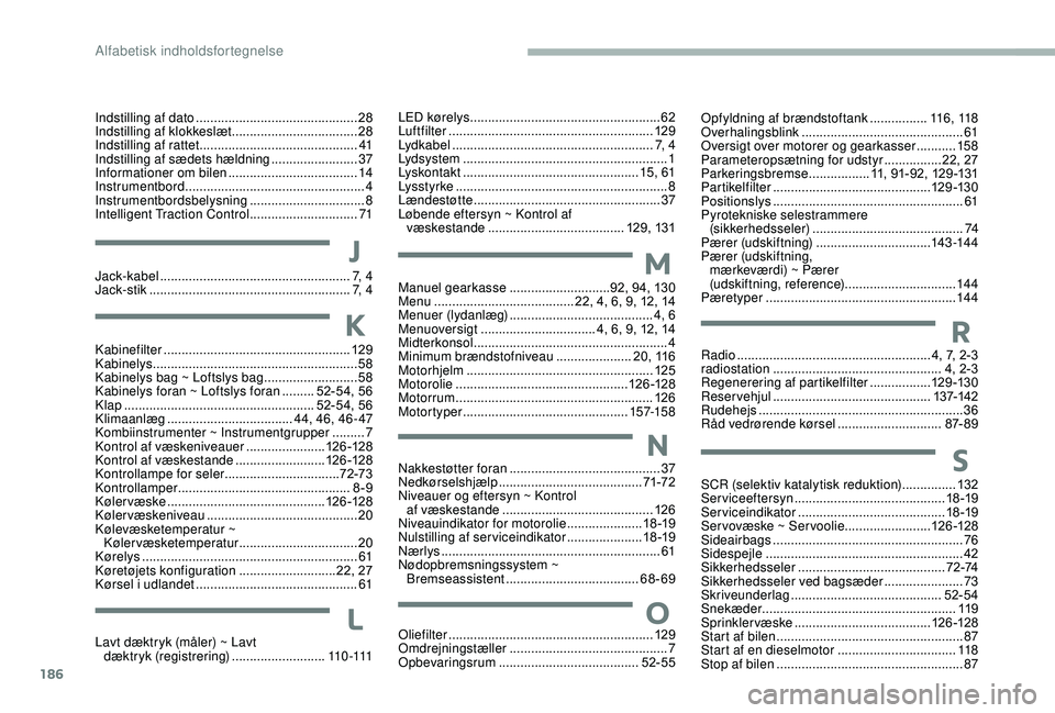CITROEN JUMPER 2019 InstruktionsbØger (in Danish) 186
S
SCR (selektiv katalytisk reduktion) ...............132
Serviceeftersyn .......................................... 1
8 -19
Serviceindikator
......................................... 1
8 -19
Ser CITROEN JUMPER 2019 InstruktionsbØger (in Danish) 186
S
SCR (selektiv katalytisk reduktion) ...............132
Serviceeftersyn .......................................... 1
8 -19
Serviceindikator
......................................... 1
8 -19
Ser