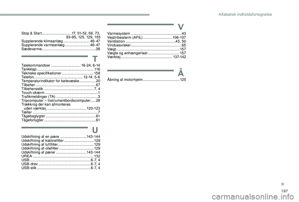 CITROEN JUMPER 2019  InstruktionsbØger (in Danish) 187
Talekommandoer ............................. 16 -24, 6 -14
Tankklap ................ ........................................ 11 6
Tekniske specifikationer
 

...............................15 8
T