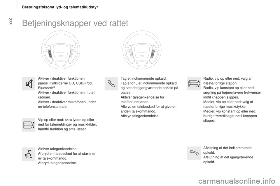 CITROEN JUMPER 2017  InstruktionsbØger (in Danish) 222
Jumper_da_Chap11a_Autoradio-Fiat-tactile-1_ed01-2016
Betjeningsknapper ved rattet
Aktiver / deaktiver funktionen 
pause i lydkilderne CD, USB/iPod, 
Bluetooth
®.
Aktiver / deaktiver funktionen mu