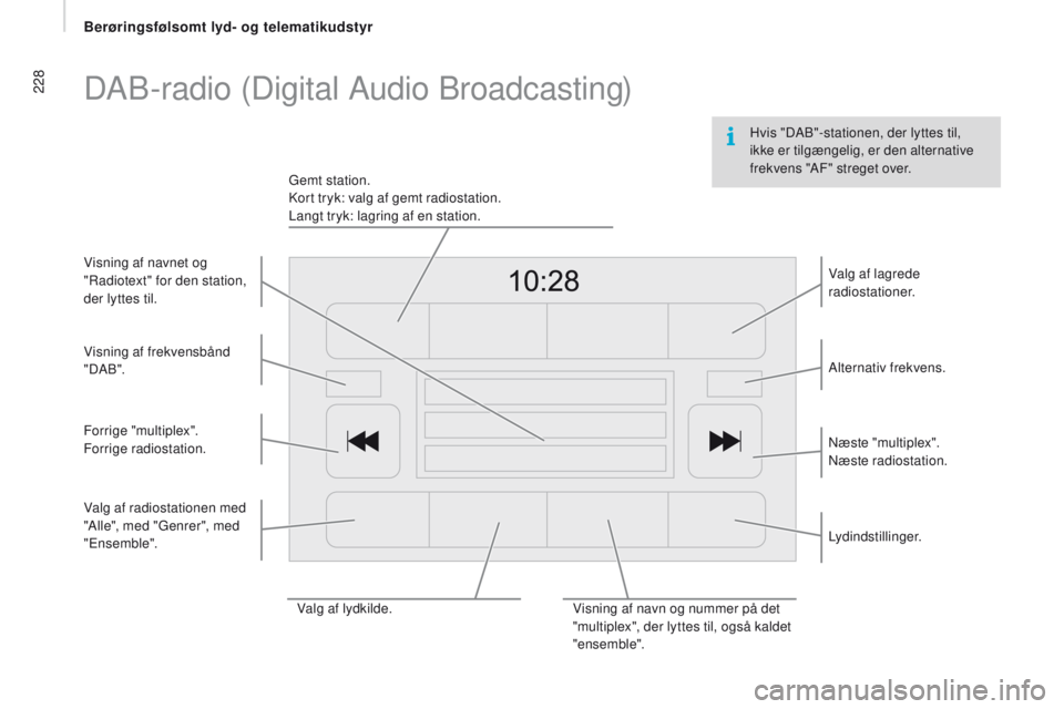 CITROEN JUMPER 2017 InstruktionsbØger (in Danish) 228
Jumper_da_Chap11a_Autoradio-Fiat-tactile-1_ed01-2016
Hvis "DAB"-stationen, der lyttes til,
ikke er tilgængelig, er den alternative
frekvens "AF" streget over.
DAB-radio (Digital CITROEN JUMPER 2017 InstruktionsbØger (in Danish) 228
Jumper_da_Chap11a_Autoradio-Fiat-tactile-1_ed01-2016
Hvis "DAB"-stationen, der lyttes til,
ikke er tilgængelig, er den alternative
frekvens "AF" streget over.
DAB-radio (Digital