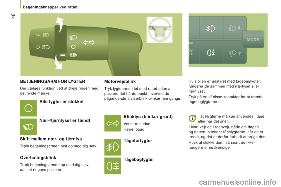 CITROEN JUMPER 2017  InstruktionsbØger (in Danish)  48
Jumper_da_Chap03_Ergo-et-confort_ed01-2016
BEtJEnInGSArM For LYGtErBlinklys (blinker grønt)
Venstre: nedad
Højre: opad
Alle lygter er slukket
n
ær-/fjernlyset er tændt
Skift mellem nær- og fj