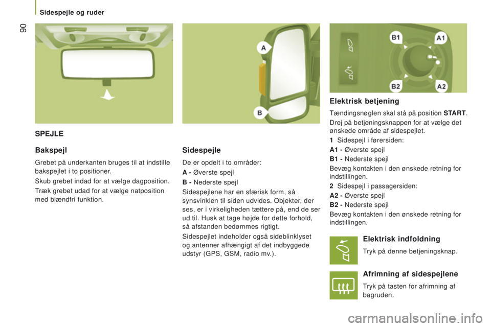 CITROEN JUMPER 2017 InstruktionsbØger (in Danish) 90
Jumper_da_Chap03_Ergo-et-confort_ed01-2016
SPEJLESidespejle
De er opdelt i to områder:
A - Øverste spejl
B - Nederste spejl
Sidespejlene har en sfærisk form, så
synsvinklen til siden udvides. CITROEN JUMPER 2017 InstruktionsbØger (in Danish) 90
Jumper_da_Chap03_Ergo-et-confort_ed01-2016
SPEJLESidespejle
De er opdelt i to områder:
A - Øverste spejl
B - Nederste spejl
Sidespejlene har en sfærisk form, så
synsvinklen til siden udvides.