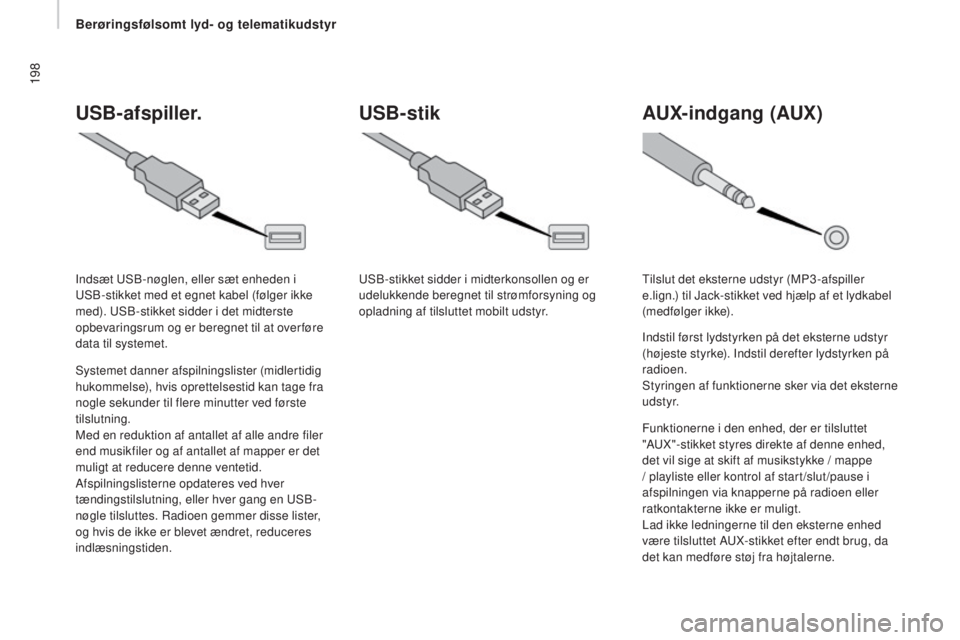 CITROEN JUMPER 2016  InstruktionsbØger (in Danish) 198
jumper_da_Chap10a_Autoradio-Fiat-tactile-1_ed01-2015
USB-afspiller.
Systemet danner afspilningslister (midlertidig 
hukommelse), hvis oprettelsestid kan tage fra 
nogle sekunder til flere minutter