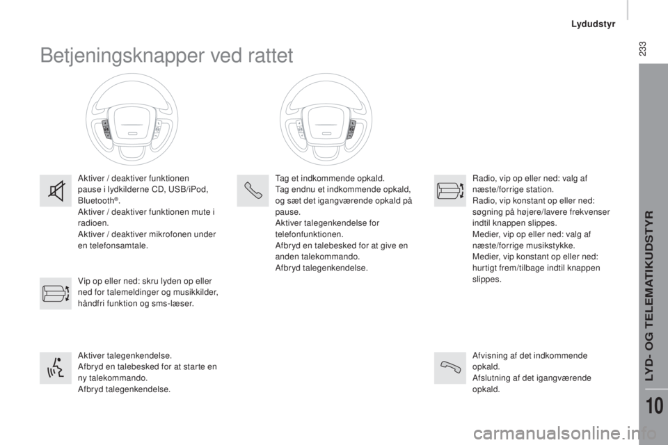 CITROEN JUMPER 2016  InstruktionsbØger (in Danish)  233
jumper_da_Chap10b_Autoradio-Fiat-4_ed01-2015
Betjeningsknapper ved rattet
Aktiver / deaktiver funktionen 
pause i lydkilderne CD, USB/iPod, 
Bluetooth
®.
Aktiver / deaktiver funktionen mute i 
r