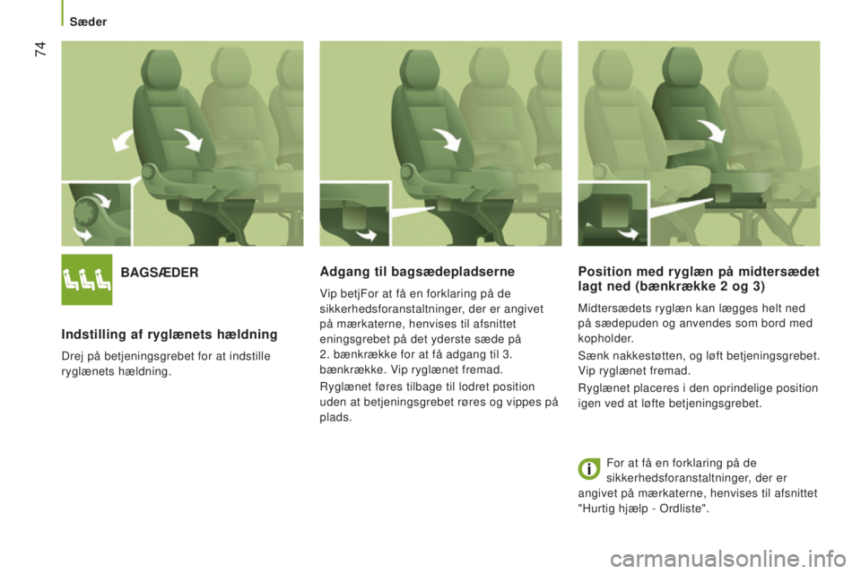 CITROEN JUMPER 2016  InstruktionsbØger (in Danish)  74
jumper_da_Chap03_Ergo-et-confort_ed01-2015
BAGSÆDER
Indstilling af ryglænets hældning
Drej på betjeningsgrebet for at indstille 
ryglænets hældning.
Adgang til bagsædepladserne
Vip betjFor 