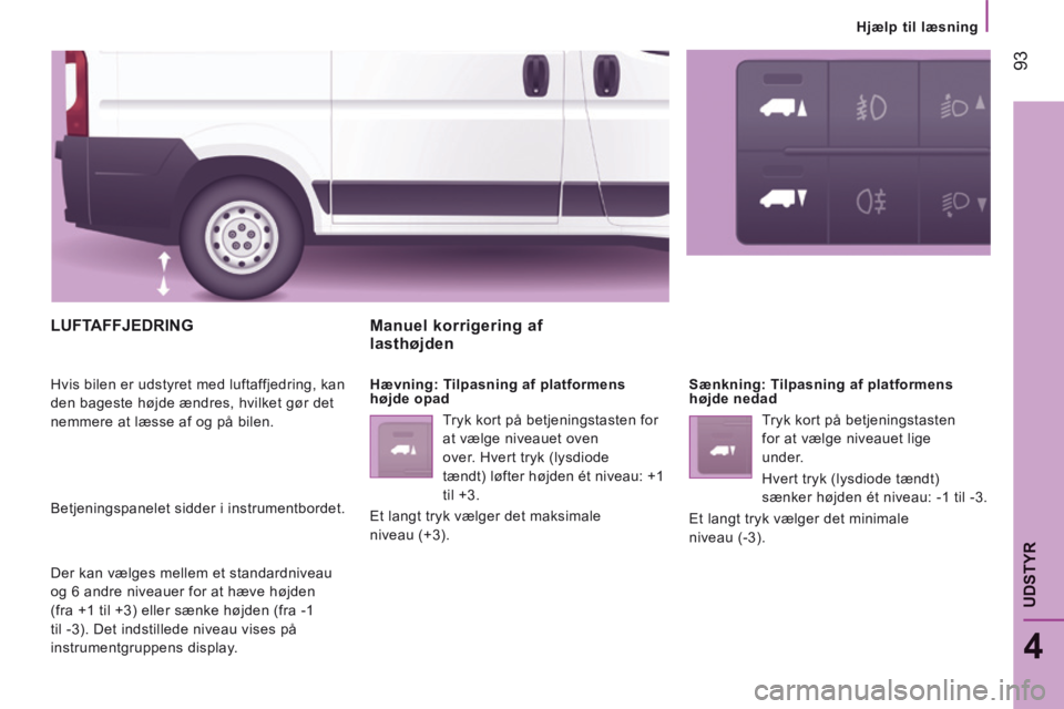 CITROEN JUMPER 2015 InstruktionsbØger (in Danish) Hjælp til læsning
93
4
UDSTYR
JUMPER-PAPIER_DA_CHAP04_TECHNOLOGIE A BORD_ED01-2014
LUFTAFFJEDRING
Hvis bilen er udstyret med luftaffjedring, kan
den bageste højde ændres, hvilket gø CITROEN JUMPER 2015 InstruktionsbØger (in Danish) Hjælp til læsning
93
4
UDSTYR
JUMPER-PAPIER_DA_CHAP04_TECHNOLOGIE A BORD_ED01-2014
LUFTAFFJEDRING
Hvis bilen er udstyret med luftaffjedring, kan
den bageste højde ændres, hvilket gø