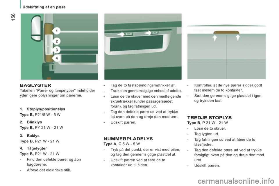 CITROEN JUMPER 2013  InstruktionsbØger (in Danish) 156
   
 
Udskiftning af en pære  
 
 
BAGLYGTER 
 
Tabellen "Pære- og lampetyper" indeholder 
yderligere oplysninger om pærerne.    
-   Tag de to fastspændingsmøtrikker af. 
   
-   Træk den g