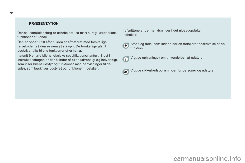 CITROEN JUMPER 2013 InstruktionsbØger (in Danish) 4
PRÆSENTATION
I afsnittene er der henvisninger i det niveauopdelte
indhold til: Denne instruktionsbog er udarbejdet, så man hurtigt lærer bilens
funktioner at kende.
Den er opdelt i 1 CITROEN JUMPER 2013 InstruktionsbØger (in Danish) 4
PRÆSENTATION
I afsnittene er der henvisninger i det niveauopdelte
indhold til: Denne instruktionsbog er udarbejdet, så man hurtigt lærer bilens
funktioner at kende.
Den er opdelt i 1