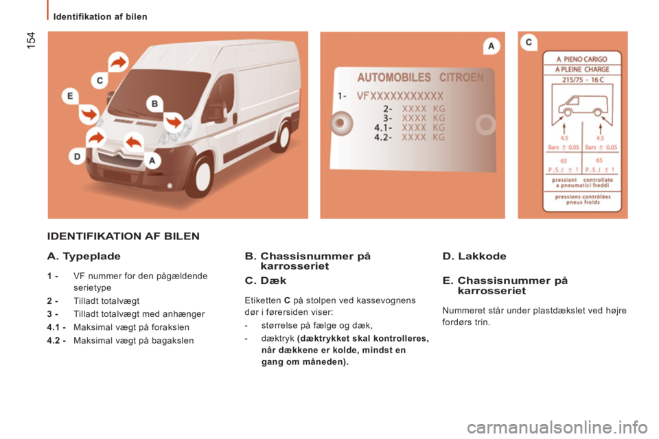 CITROEN JUMPER 2012 InstruktionsbØger (in Danish)
Identifikation af bilen
154
IDENTIFIKATION AF BILEN
A. Typeplade
1 -
VF nummer for den pågældende
serietype
2 -
Tilladt totalvægt
3 -
Tilladt totalvægt med anh CITROEN JUMPER 2012 InstruktionsbØger (in Danish)
Identifikation af bilen
154
IDENTIFIKATION AF BILEN
A. Typeplade
1 -
VF nummer for den pågældende
serietype
2 -
Tilladt totalvægt
3 -
Tilladt totalvægt med anh
