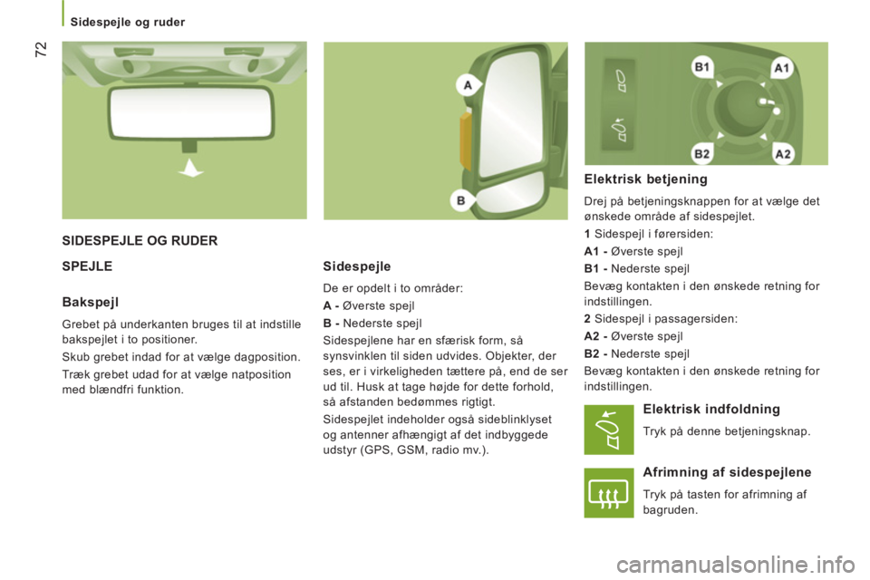 CITROEN JUMPER 2012 InstruktionsbØger (in Danish)
Sidespejle og ruder
72
SIDESPEJLE OG RUDER
SPEJLESidespe
jle
De er opdelt i to områder:
A -
Øverste spejl
B -
Nederste spejl
Sidespejlene har en sfærisk form, så
sy CITROEN JUMPER 2012 InstruktionsbØger (in Danish)
Sidespejle og ruder
72
SIDESPEJLE OG RUDER
SPEJLESidespe
jle
De er opdelt i to områder:
A -
Øverste spejl
B -
Nederste spejl
Sidespejlene har en sfærisk form, så
sy