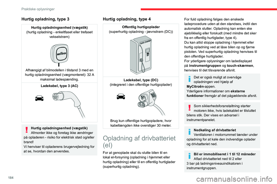 CITROEN JUMPER SPACETOURER 2021  InstruktionsbØger (in Danish) 184
Praktiske oplysninger
Hurtig opladning, type 3
Hurtig opladningsenhed (vægstik)
(hurtig opladning - enkeltfaset eller trefaset  vekselstrøm)
 
 
Afhængigt af bilmodellen i tilstand 3 med en 
hu