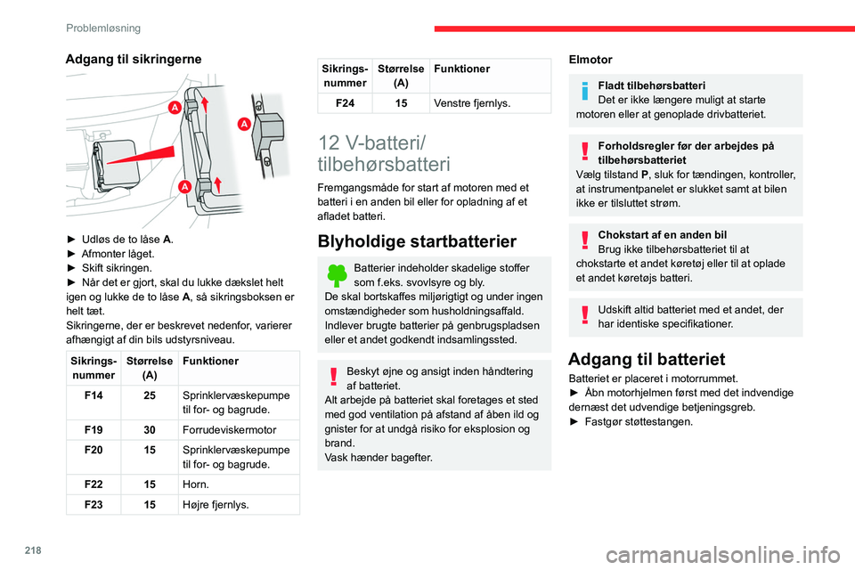 CITROEN JUMPER SPACETOURER 2021  InstruktionsbØger (in Danish) 218
Problemløsning
Adgang til sikringerne 
 
► Udløs de to låse A.
►  Afmonter låget.
►
 
Skift sikringen.
►

 
Når det er gjort, skal du lukke dækslet helt 
igen og lukke de to låse  A