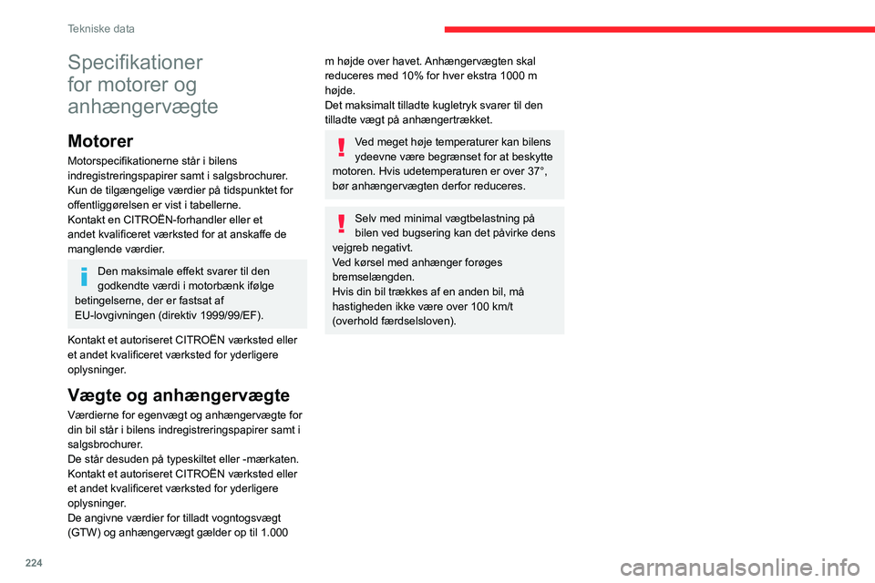 CITROEN JUMPER SPACETOURER 2021  InstruktionsbØger (in Danish) 224
Tekniske data
Specifikationer 
for motorer og 
anhængervægte
Motorer
Motorspecifikationerne står i bilens 
indregistreringspapirer samt i salgsbrochurer.
Kun de tilgængelige værdier på tidsp