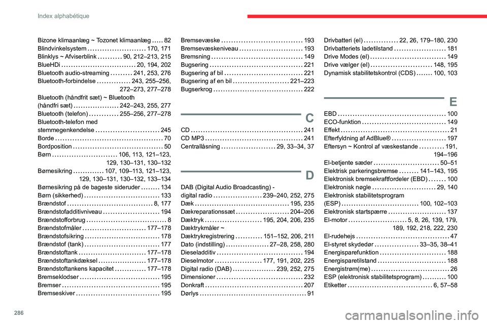 CITROEN JUMPER SPACETOURER 2021  InstruktionsbØger (in Danish) 286
Index alphabétique
Bizone klimaanlæg ~ Tozonet klimaanlæg     82
Blindvinkelsystem     
170, 171
Blinklys  ~ Afviserblink
    
90, 212–213, 215
BlueHDi
    
20, 194, 202
Bluetooth audio-strea