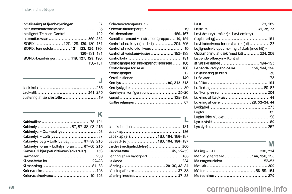 CITROEN JUMPER SPACETOURER 2021  InstruktionsbØger (in Danish) 288
Index alphabétique
Initialisering af fjernbetjeningen     37
Instrumentbordsbelysning     
23
Intelligent Traction Control
    
102
Internetbrowser
    
269, 272
ISOFIX
    
127, 129, 130, 130–