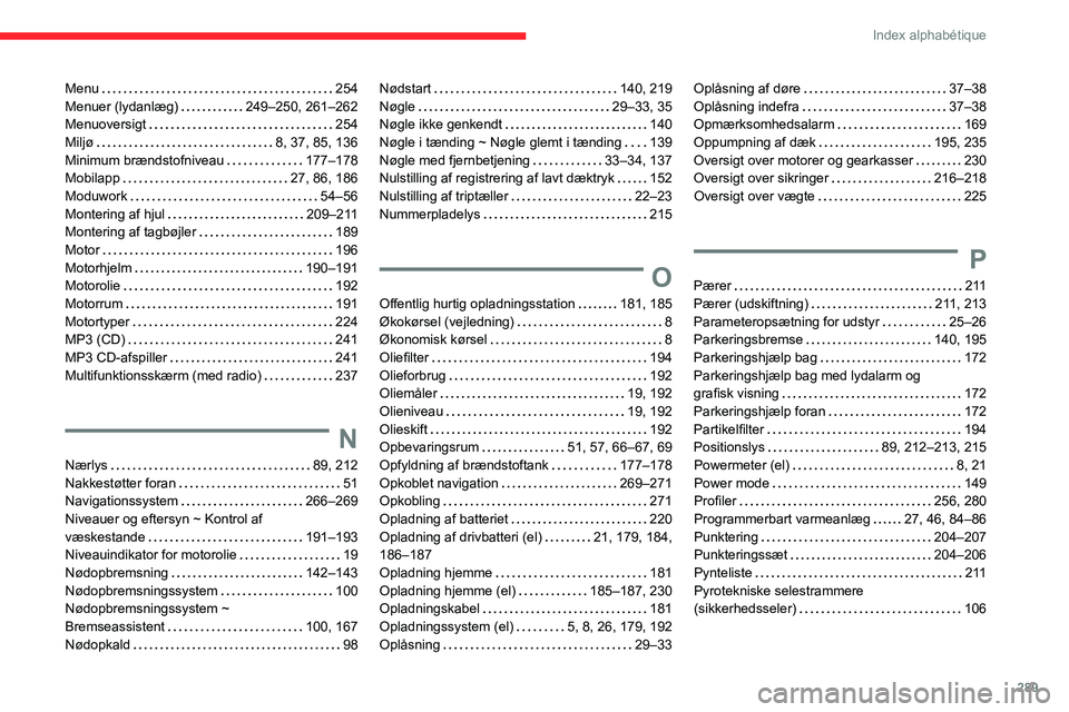CITROEN JUMPER SPACETOURER 2021  InstruktionsbØger (in Danish) 289
Index alphabétique
Menu    254
Menuer (lydanlæg)     
249–250, 261–262
Menuoversigt
    
254
Miljø
    
8, 37, 85, 136
Minimum brændstofniveau
    
177–178
Mobilapp
    
27, 86, 186
Modu