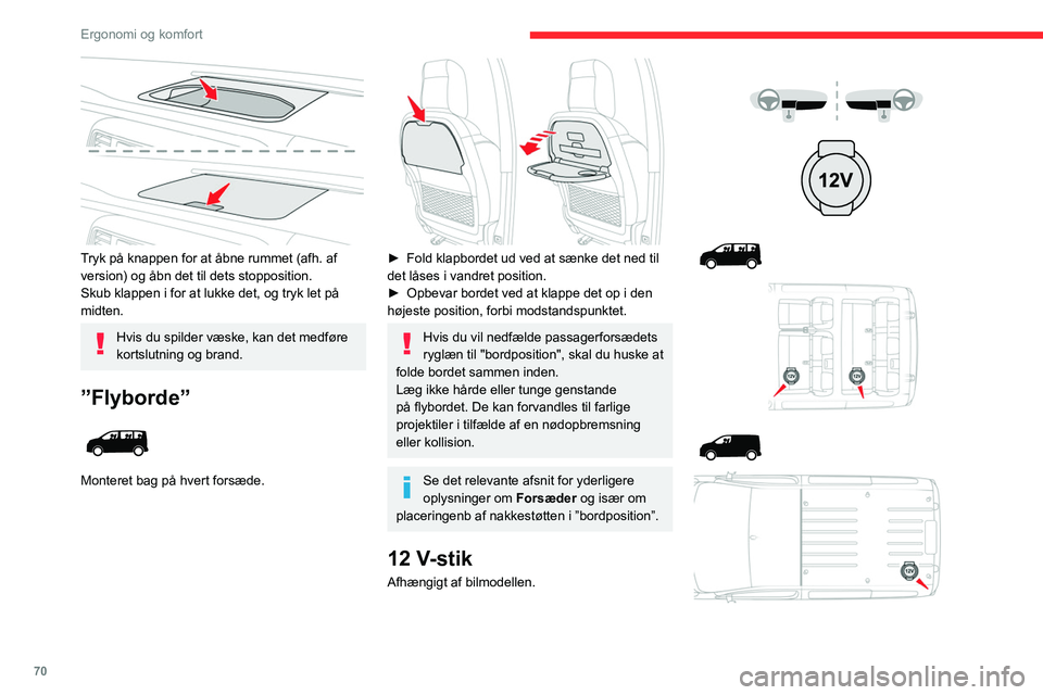 CITROEN JUMPER SPACETOURER 2021  InstruktionsbØger (in Danish) 70
Ergonomi og komfort
► For tilslutte tilbehør til 12 V-stikket (maks. 
effekt: 120 watt) skal hætten tages af, og der 
isættes en passende adapter.
Overhold tilbehørsstikkets maks. effekt 
for