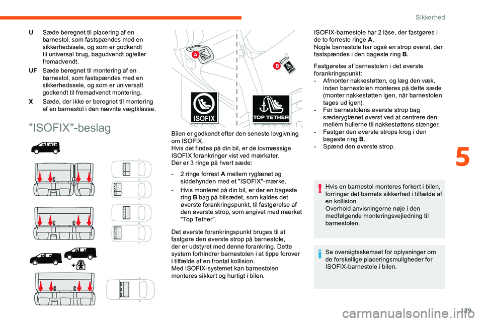 CITROEN JUMPER SPACETOURER 2020  InstruktionsbØger (in Danish) 129
USæde beregnet til placering af en 
barnestol, som fastspændes med en 
sikkerhedssele, og som er godkendt 
til universal brug, bagudvendt og/eller 
fremadvendt.
UF Sæde beregnet til montering a