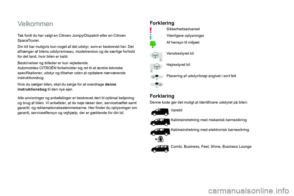 CITROEN JUMPER SPACETOURER 2020  InstruktionsbØger (in Danish) Velkommen
Tak fordi du har valgt en Citroen Jumpy/Dispatch eller en Citroen 
SpaceTourer.
Din bil har muligvis kun noget af det udstyr, som er beskrevet her. Det 
afhænger af bilens udstyrsniveau, mo