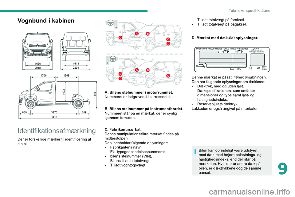 CITROEN JUMPER SPACETOURER 2020  InstruktionsbØger (in Danish) 231
Vognbund i kabinen
Identifikationsafmærkning
Der er forskellige mærker til identificering af 
din bil.A. Bilens stelnummer i motorrummet.
Nummeret er indgraveret i karrosseriet.
B. Bilens stelnu
