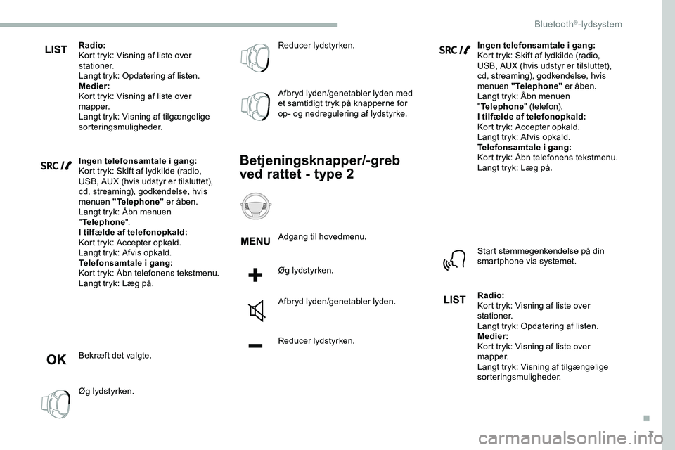 CITROEN JUMPER SPACETOURER 2020 InstruktionsbØger (in Danish) 3
Radio:
Kort tryk: Visning af liste over
stationer.
Langt tryk: Opdatering af listen.
Medier:
Kort tryk: Visning af liste over
mapper.
Langt tryk: Visning af tilgængelige
sorteringsmuligheder.
In CITROEN JUMPER SPACETOURER 2020 InstruktionsbØger (in Danish) 3
Radio:
Kort tryk: Visning af liste over
stationer.
Langt tryk: Opdatering af listen.
Medier:
Kort tryk: Visning af liste over
mapper.
Langt tryk: Visning af tilgængelige
sorteringsmuligheder.
In
