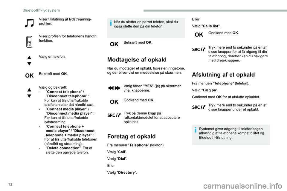 CITROEN JUMPER SPACETOURER 2020  InstruktionsbØger (in Danish) 12
Viser tilslutning af lydstreaming-
profilen.
Viser profilen for telefonens håndfri 
funktion.
Vælg en telefon.
Bekræft med OK.
Vælg og bekræft:
-  "Connect telephone " / 
" Disconn