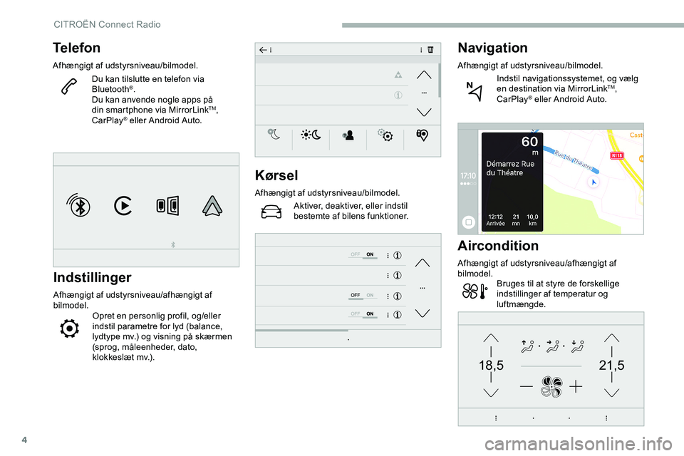 CITROEN JUMPER SPACETOURER 2020  InstruktionsbØger (in Danish) 4
21,518,5
Telefon
Afhængigt af udstyrsniveau/bilmodel.Du kan tilslutte en telefon via 
Bluetooth
®.
Du kan anvende nogle apps på 
din smartphone via MirrorLink
TM, 
CarPlay® eller Android Auto.
I