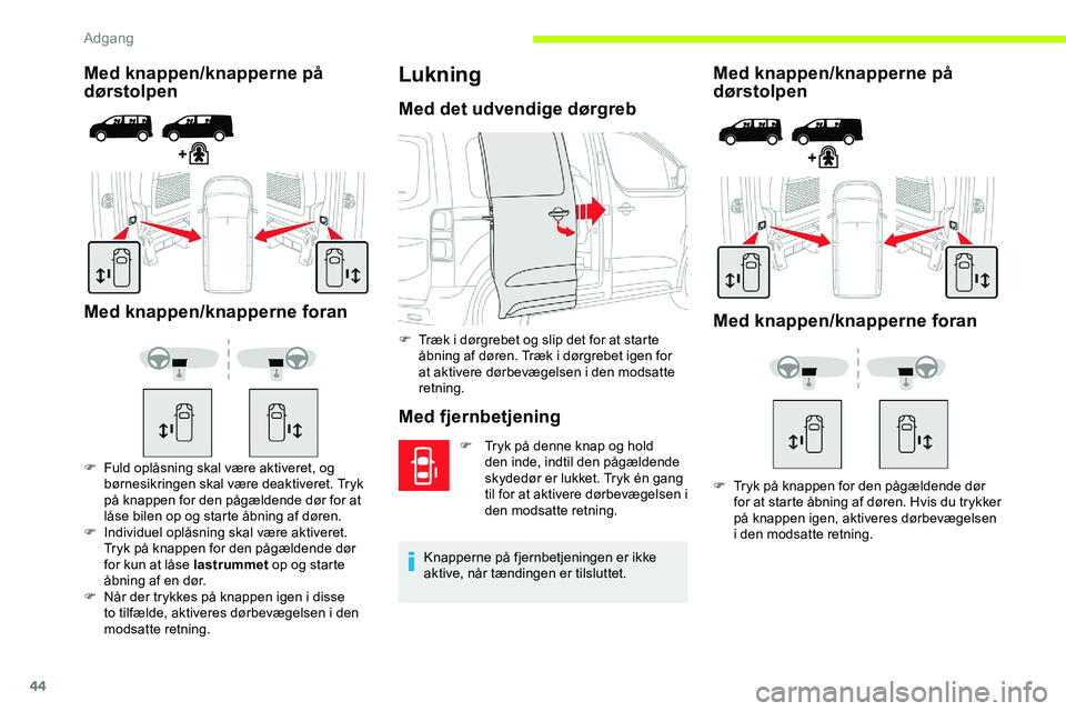 CITROEN JUMPER SPACETOURER 2020  InstruktionsbØger (in Danish) 44
Med knappen/knapperne på 
dørstolpen
Med knappen/knapperne foran
F Fuld oplåsning skal være aktiveret, og  børnesikringen skal være deaktiveret. Tryk 
på knappen for den pågældende dør fo