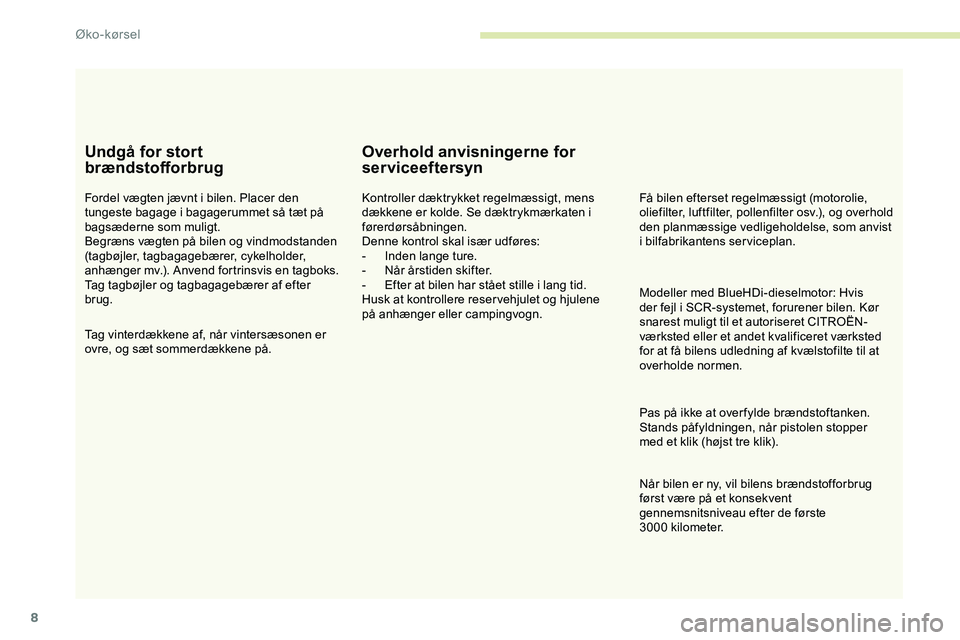 CITROEN JUMPER SPACETOURER 2020 InstruktionsbØger (in Danish) 8
Undgå for stort
brændstofforbrug
Fordel vægten jævnt i bilen. Placer den
tungeste bagage i bagagerummet så tæt på
bagsæderne som muligt.
Begræns vægten på bilen og vindmodstanden
(tag CITROEN JUMPER SPACETOURER 2020 InstruktionsbØger (in Danish) 8
Undgå for stort
brændstofforbrug
Fordel vægten jævnt i bilen. Placer den
tungeste bagage i bagagerummet så tæt på
bagsæderne som muligt.
Begræns vægten på bilen og vindmodstanden
(tag