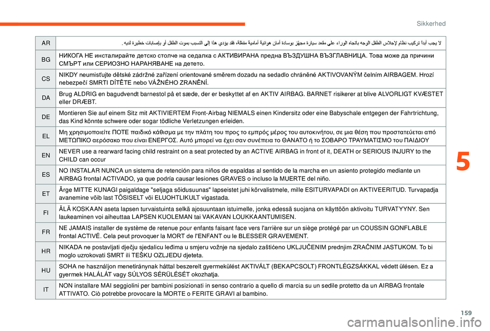 CITROEN JUMPER SPACETOURER 2018  InstruktionsbØger (in Danish) 159
AR
BG НИКОГА НЕ инсталирайте детско столче на седалка с АКТИВИРАНА предна ВЪЗДУШНА ВЪЗГЛАВНИЦА. Това може да 