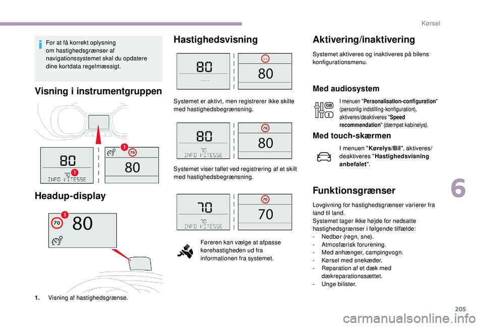 CITROEN JUMPER SPACETOURER 2018 InstruktionsbØger (in Danish) 205
For at få korrekt oplysning
om hastighedsgrænser af
navigationssystemet skal du opdatere
dine
kortdata regelmæssigt.
Visning i instrumentgruppen
Head
up-display
1.Visning af hastighedsg CITROEN JUMPER SPACETOURER 2018 InstruktionsbØger (in Danish) 205
For at få korrekt oplysning
om hastighedsgrænser af
navigationssystemet skal du opdatere
dine
kortdata regelmæssigt.
Visning i instrumentgruppen
Head
up-display
1.Visning af hastighedsg